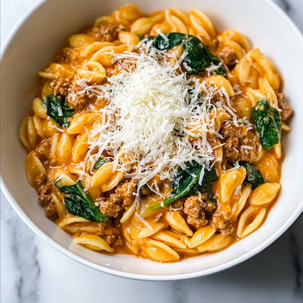 Ground Beef Orzo with Tomato Cream Sauce Recipe - Recipe Image