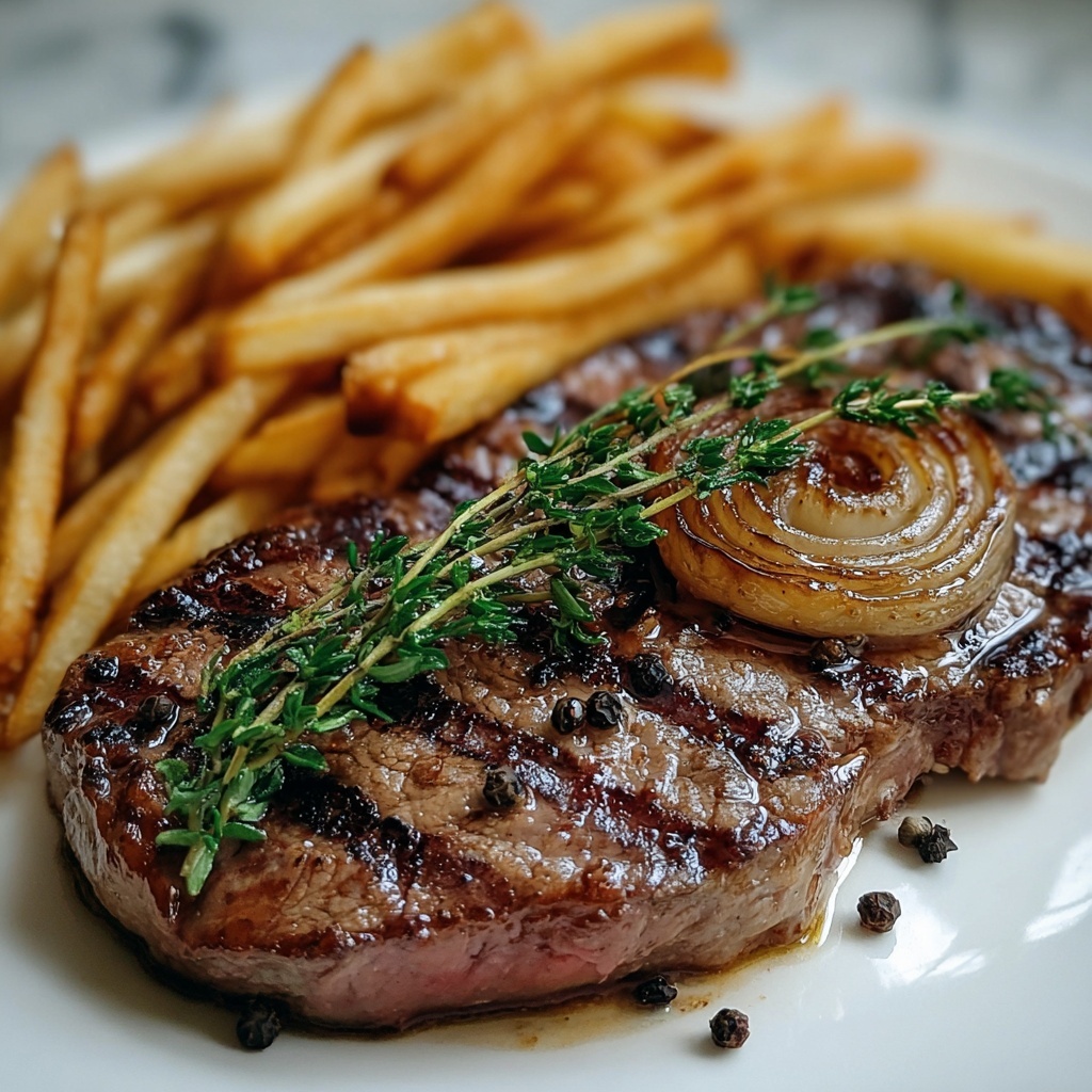 Ribeye Steak with Caramelized French Onions and Crispy French Fries Recipe - Recipe Image
