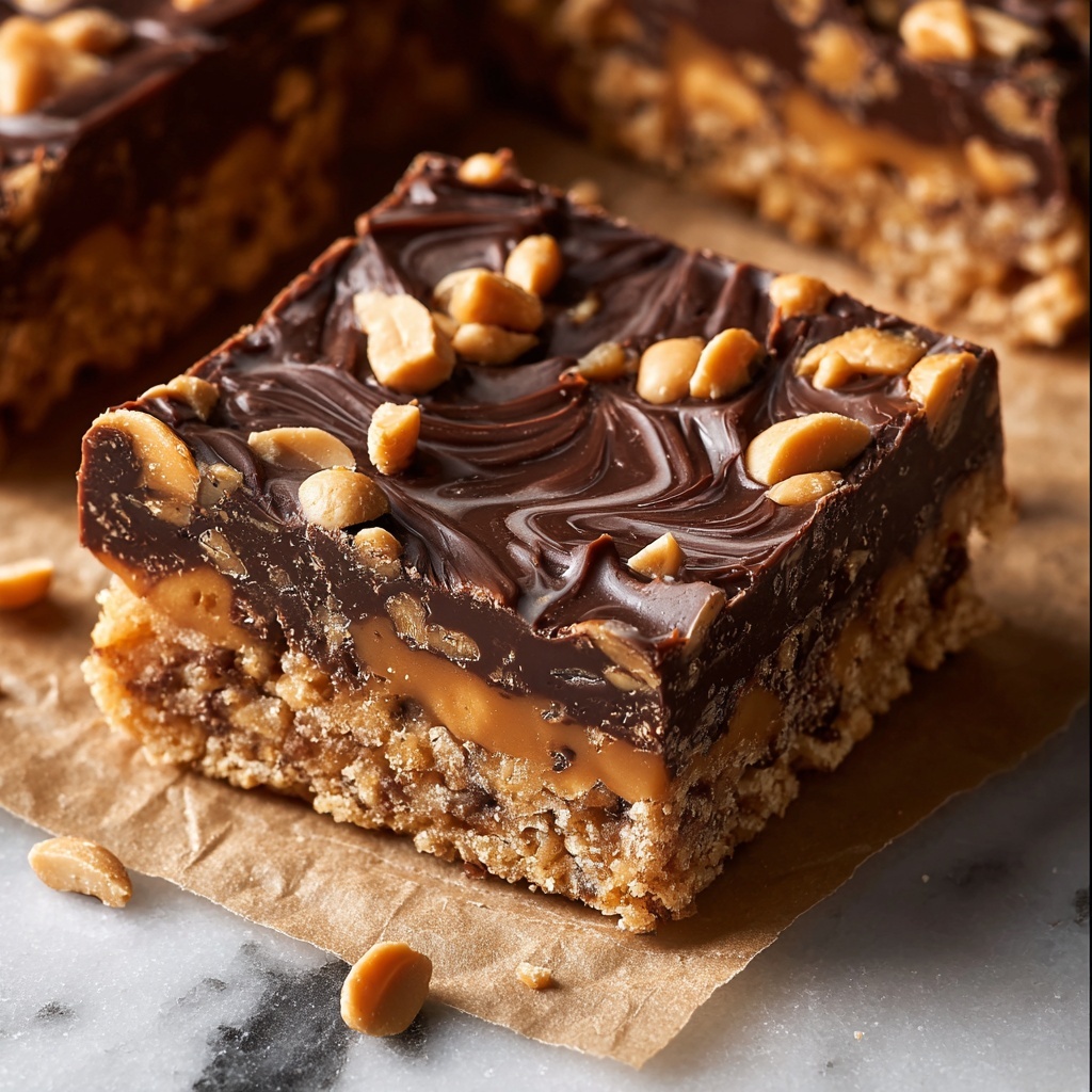 Healthy No-Bake Chocolate Peanut Butter Crunch Bars Recipe - Recipe Image