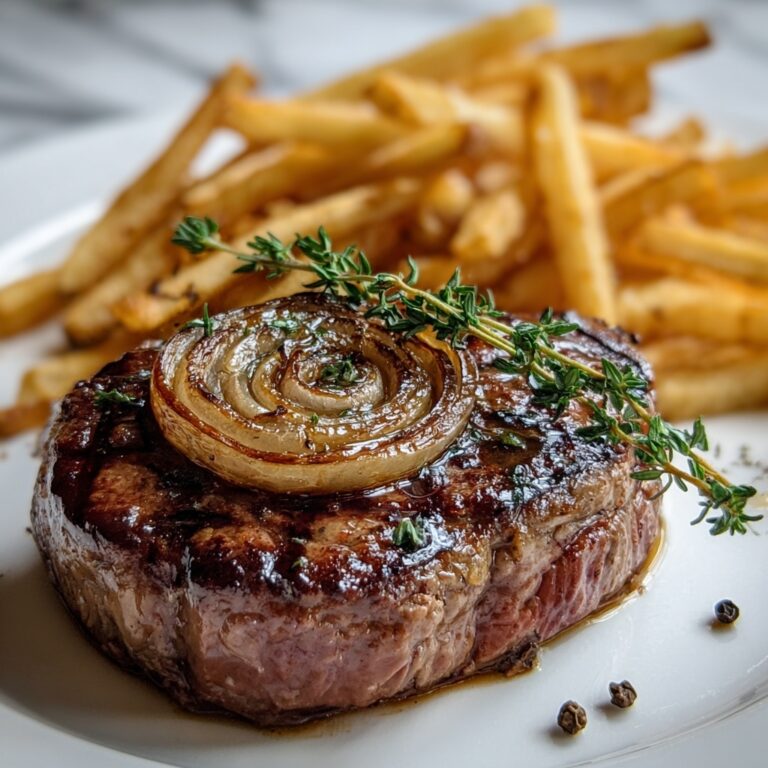 Ribeye Steak with Caramelized French Onions and Crispy French Fries Recipe