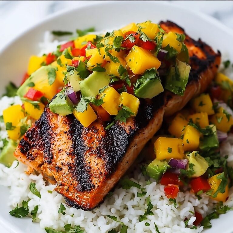 Grilled Lime Salmon with Avocado-Mango Salsa and Coconut Rice Recipe