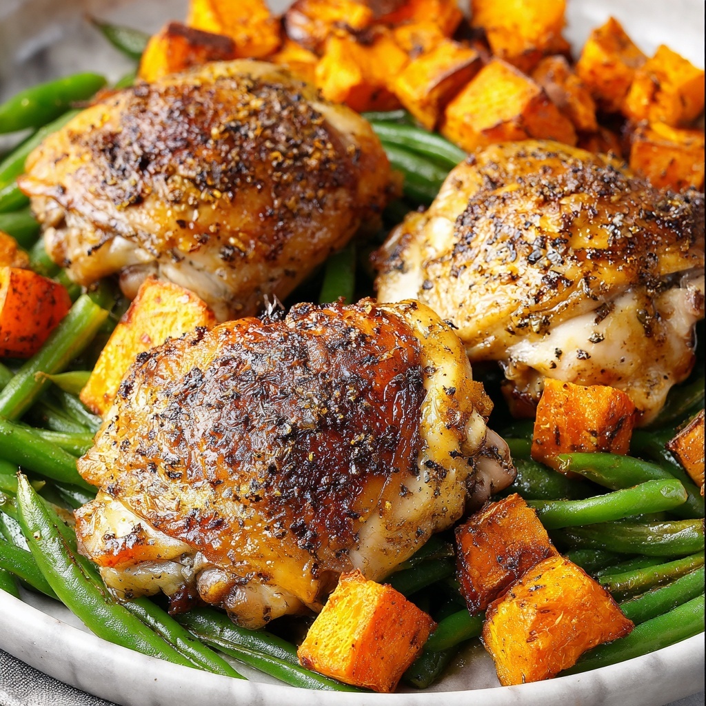 One Pan Maple Mustard Chicken with Sweet Potatoes and Green Beans Recipe - Recipe Image