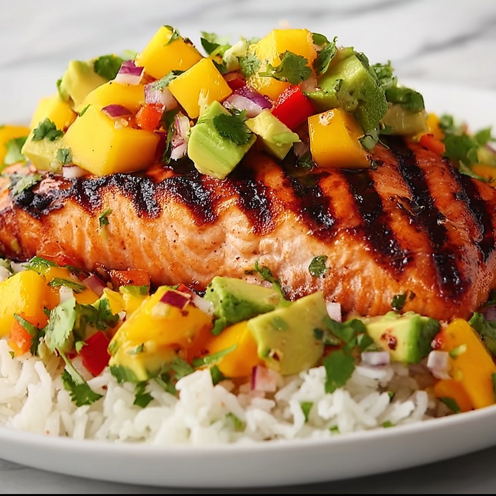Grilled Lime Salmon with Avocado-Mango Salsa and Coconut Rice Recipe - Recipe Image