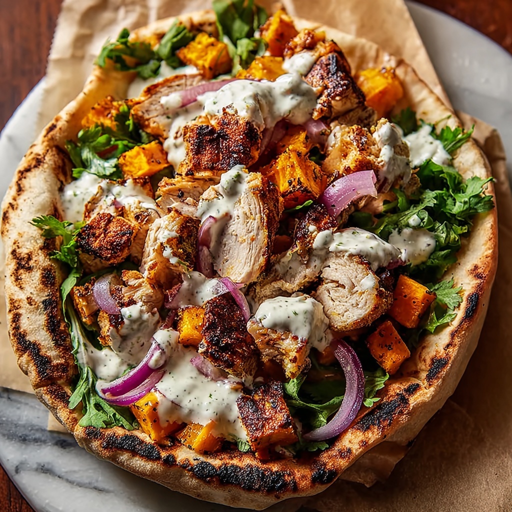 Curry Chicken Gyro with Roasted Sweet Potatoes, Tzatziki, and Lemon Tahini Recipe - Recipe Image