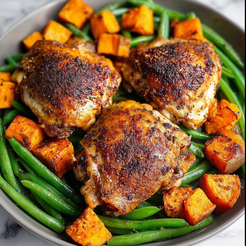 One Pan Maple Mustard Chicken with Sweet Potatoes and Green Beans Recipe - Recipe Image