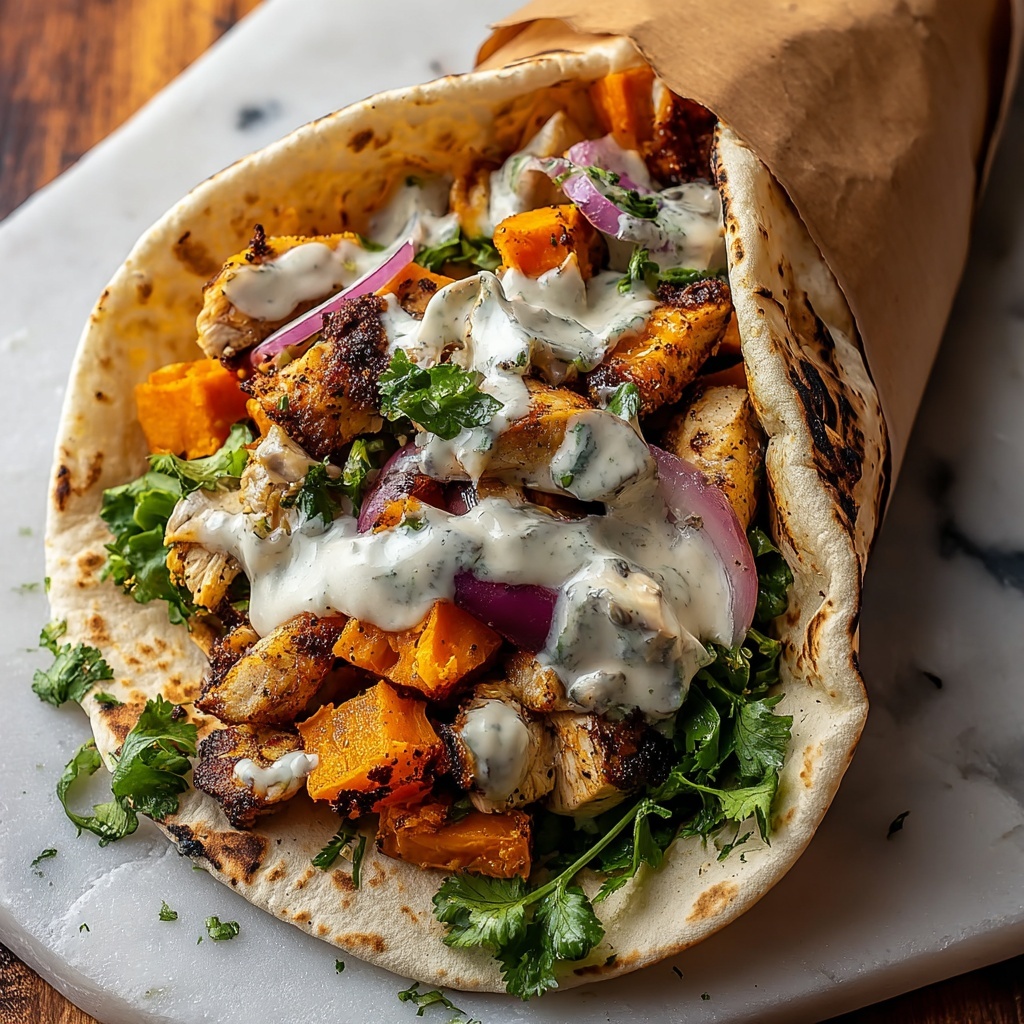 Curry Chicken Gyro with Roasted Sweet Potatoes, Tzatziki, and Lemon Tahini Recipe - Recipe Image