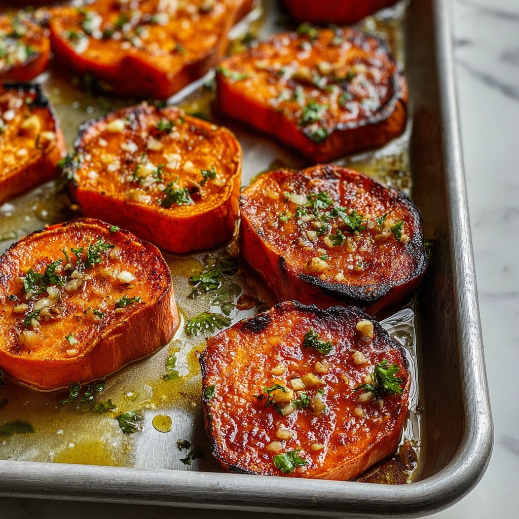 Garlic Butter Roasted Sweet Potatoes Recipe - Recipe Image